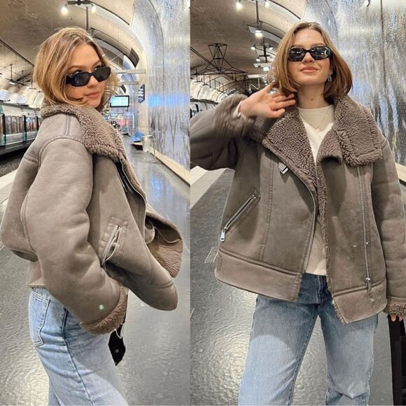 ZARA Double Faced Sherpa Grey Oversized Biker Jacket Size M - Picture 11 of 13